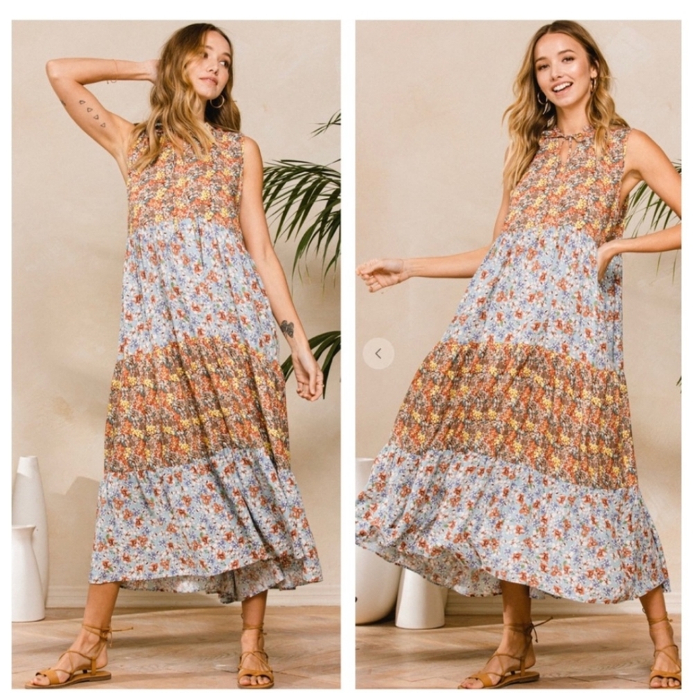 Bohemian Floral Maxi Dress - Sleeveless, Tiered, Flowy